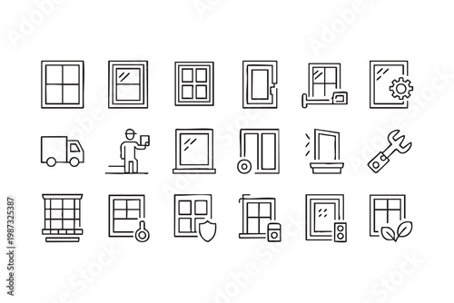 Construction service icon set featuring window and door installation, repair, and maintenance tools