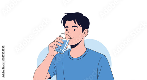 Young man in a blue t-shirt drinking a fresh glass of clear water to stay hydrated and maintain a healthy lifestyle.