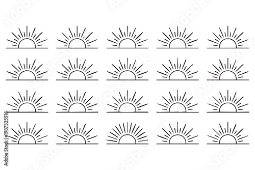 Weather and nature sun icon set with sunrise and sunset line symbols for solar energy and forecast design