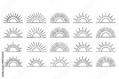 Sunrise sunset outline icons with radiant sun rays for nature, climate, and daylight concept visuals
