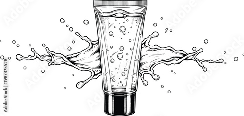 Cosmetic tube with liquid splash and bubbles vector illustration in sketch style for skincare product package design theme.