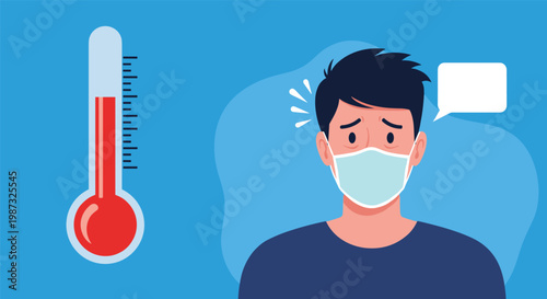 Sick man wearing a face mask stands next to a large red thermometer indicating a high fever and potential viral infection.