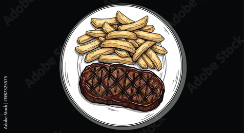 Grilled beef steak with french fries on plate vector illustration in colored sketch style for restaurant menu design theme.