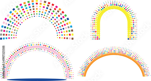 Colorful dotted rainbow shapes in various patterns and colors on white background