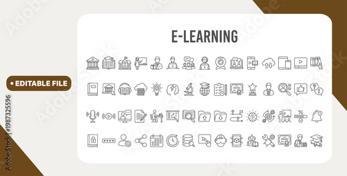E-learning line icons set. Online education and distance learning. Online test, e-book, feedback, library, educational website, meeting, teacher - stock vector.