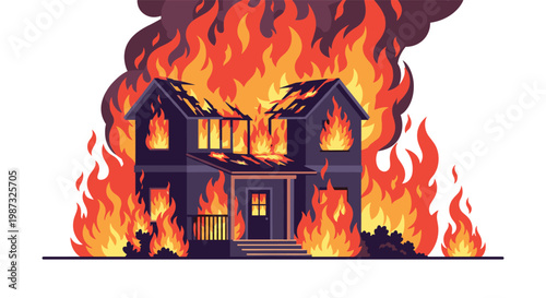 Two-story suburban house completely engulfed in large orange and red flames with thick black smoke during a fire emergency.