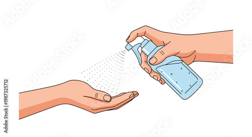 Person spraying liquid hand sanitizer from a blue bottle onto their palm for disinfection and personal hygiene protection.