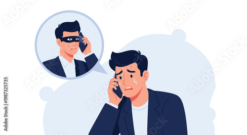 Worried man on a phone call while a masked criminal in a speech bubble attempts to scam him through a fraudulent call.