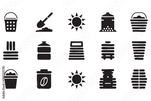Cleaning and gardening icon set with solid symbols for tools, buckets, brushes, and waste containers