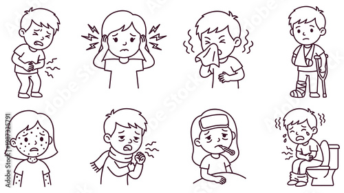 Children illustrations showing various illnesses and injuries outline.
