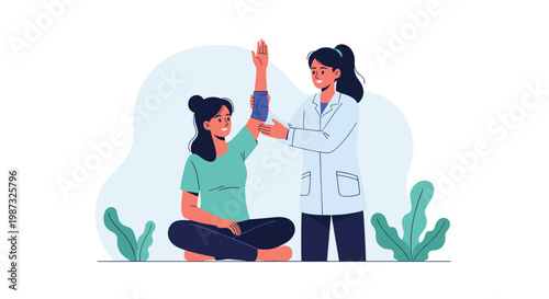 Professional doctor applies a supportive medical bandage to the injured arm of a female patient in a healthcare clinic setting.