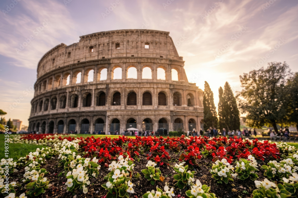 Fototapeta premium The Colosseum in Rome with flowers in the foreground at sunset