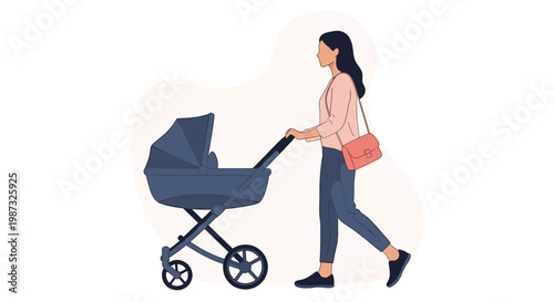 Modern mother walks through a park while pushing a stylish blue baby stroller during a sunny day outside in the fresh air.