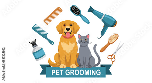 Cute dog and cat are surrounded by various professional pet grooming tools like scissors, brushes, and a blue hair dryer.