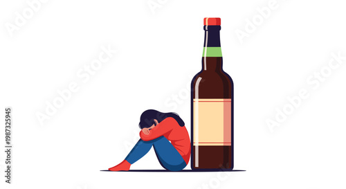 Desperate woman sits on the floor in front of a giant bottle of liquor representing the struggle with alcohol addiction.