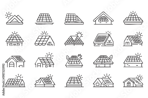 Renewable energy line icon set with solar panels, eco houses, and green technology symbols