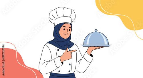 Professional female chef wearing a blue hijab and white uniform presents a silver platter covered by a metal food dome.