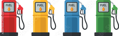 Gas station pump, illustration, vector petrol fuel dispenser with nozzle representing refueling service energy supply and automotive transportation concept.