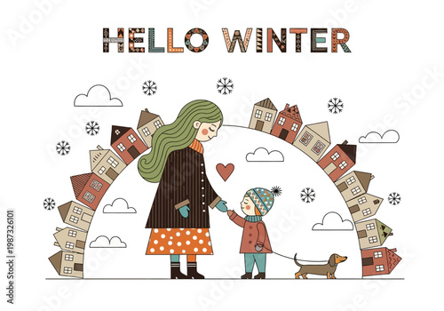Hello Winter Illustration with Mother, Child, and Dachshund Dog in a Cozy Scandi Style Village
