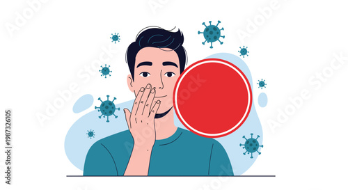 Warning illustration shows a man being cautioned not to touch his face with his hands to avoid virus infection and germs.