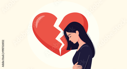 Sad young woman stands alone in front of a large broken heart symbol representing a painful romantic breakup or divorce.