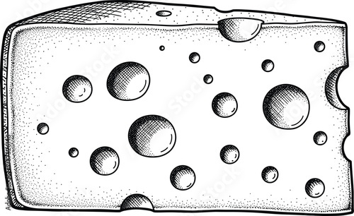 A detailed vintage hand drawn vector illustration of a big piece of swiss cheese with holes and texture.