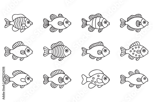 Aquarium fish outline icon set with tropical marine animals for underwater and pet shop visuals
