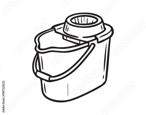 Utility bucket with wringer, plastic handle ready for mop work, janitor prepping floors, minimalist line art, practical maintenance and sanitation tool for commercial cleaning, durable supply icon