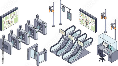 Isometric Public Transport Infrastructure Set: Metro Station Turnstiles, Escalators, Digital Maps, Security Cameras, and Ticket Booth Icons on White Background