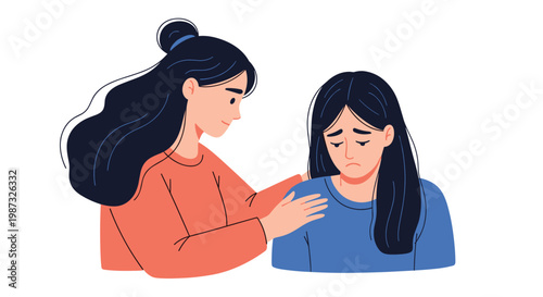 Kind young woman comforts her sad friend by placing a supportive hand on her shoulder during a difficult emotional time.