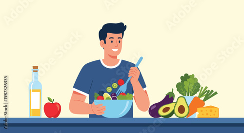 Smiling man enjoys a healthy meal of fresh green salad while surrounded by various nutritious vegetables on a kitchen table.
