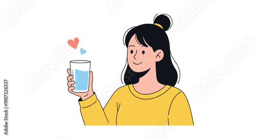 Young woman holds a glass of clean water with floating hearts to represent the many health benefits of proper hydration.