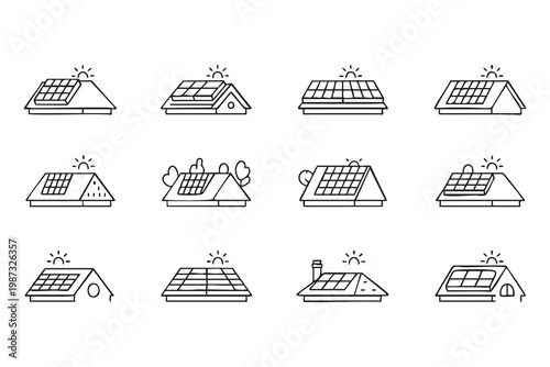 Renewable energy house icon set with solar roof panels for clean electricity and eco living