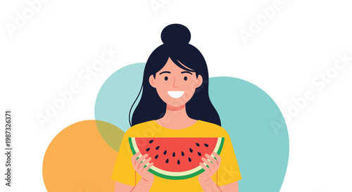 Beautiful young woman smiles happily while holding a large fresh slice of red watermelon as a healthy summer snack.