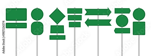 Set of road signs isolated on a white background. Green traffic signs. Directional signs. Realistic style. Vector illustration.