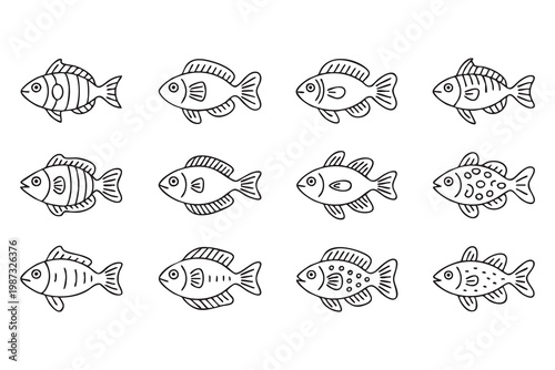 Marine fish line icon set with tropical species for ocean life and aquatic illustration design