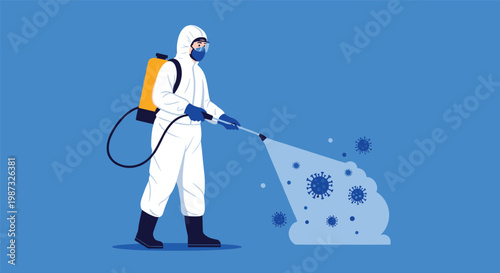 Worker in a white protective hazmat suit sprays disinfectant to eliminate viruses and bacteria from a public area.