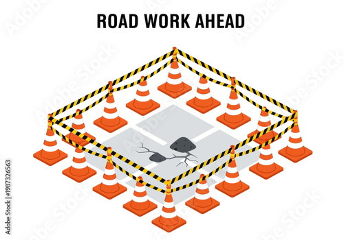Vector isometric illustration of road work ahead with traffic cones and barricades