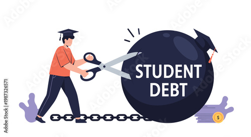 Determined graduate student cuts a heavy ball and chain labeled student debt using a large pair of sharp scissors.