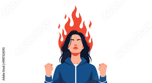 Angry woman with fire behind her head clenches her fists to express intense frustration, rage, and emotional stress.