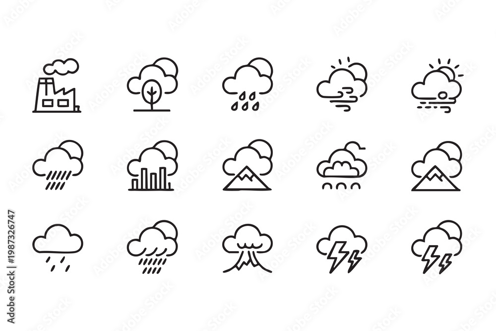 Obraz premium Weather forecast icon set with climate symbols including rain, wind, lightning, and fog for environmental design