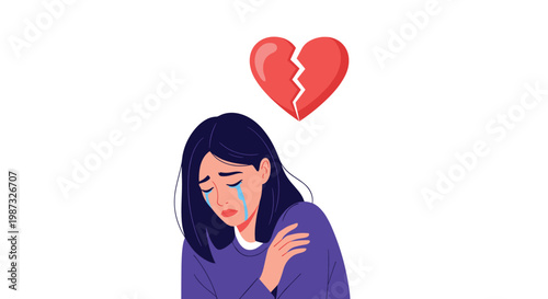 Young woman crying with tears on her face standing below broken heart symbol after experiencing painful relationship breakup.