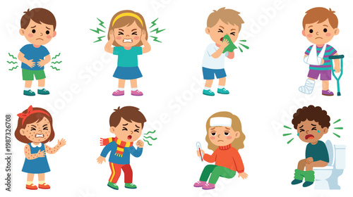 Sick children illustrations showing various illnesses and injuries.