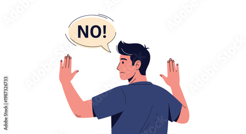 Concerned man showing stop gesture with both hands and saying no to refuse something or set personal boundaries.