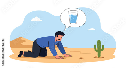 Exhausted man crawling in hot desert landscape thinking about glass of fresh water to survive extreme thirst and dehydration.