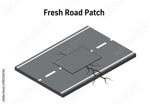 Fresh Road Patch Vector Isometric Illustration - Cracked Asphalt Repair