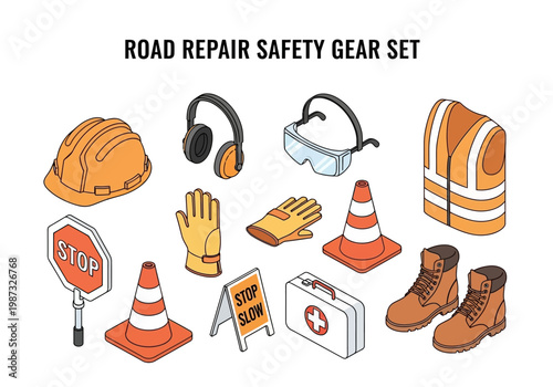Road Repair Safety Gear Set Isometric Vector Illustration of Construction Worker Protection Equipment
