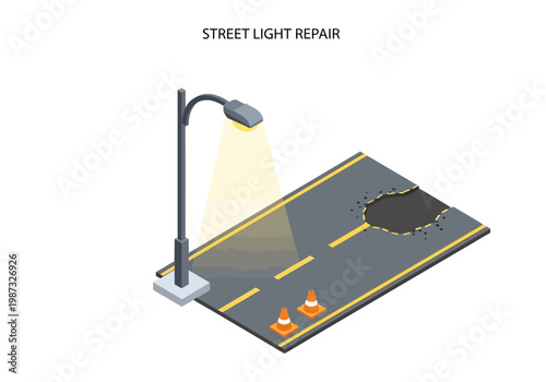 Street Light Repair Isometric Vector Illustration - Maintenance and Safety on Roadways