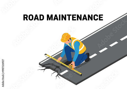 Road Maintenance Vector Isometric Illustration of Worker Measuring Road Damage for Repair and Construction