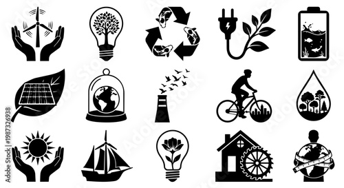 A comprehensive collection of black and white  silhouette icons representing ecology, renewable energy, and environmental sustainability concepts.